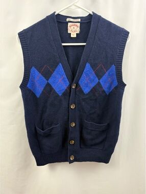 Vintage Brooks Brothers Mens Sweater Vest Sz Sm Pure Lambswool Navy Blue Argyle